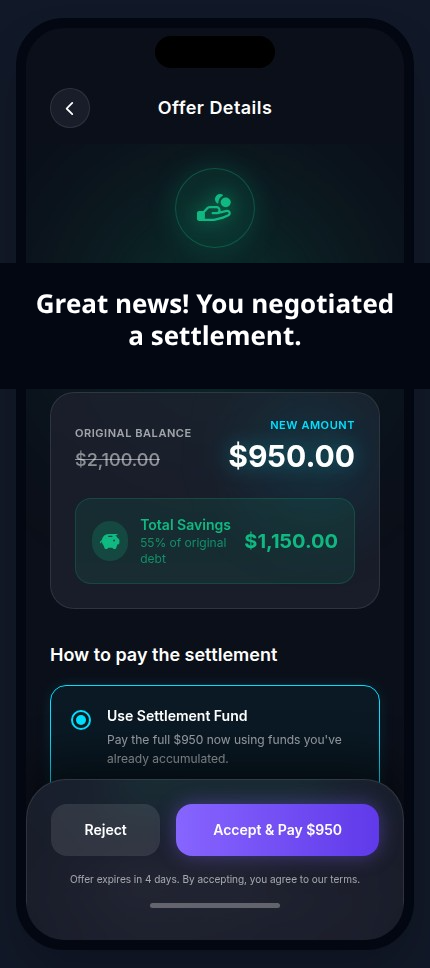 Settle app — a settlement the consumer negotiated and can accept, counter, or reject